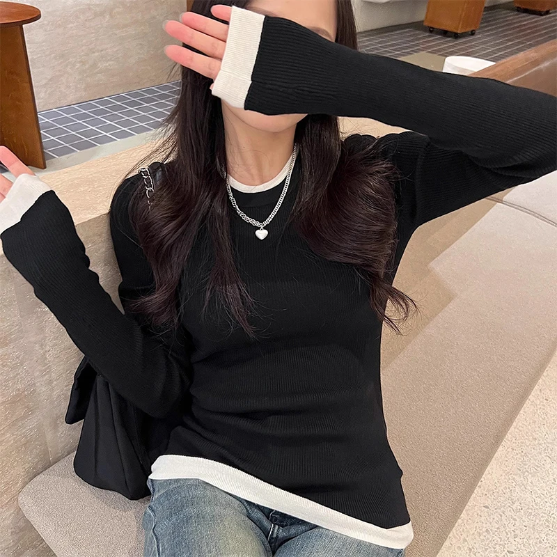 撞色长袖针织衫女秋冬新款设计感小众修身显瘦内搭打底衫上衣秋季