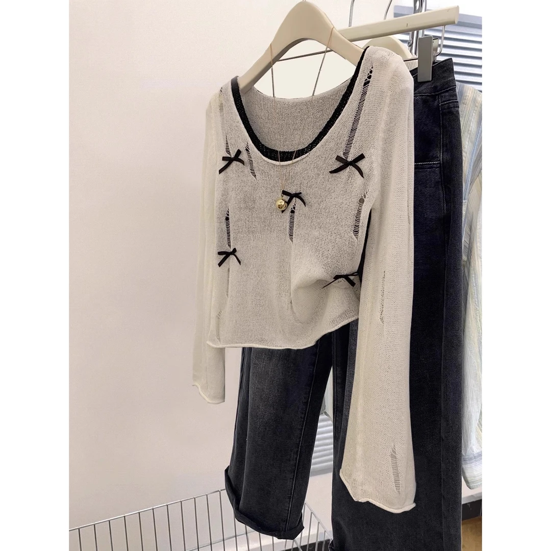 镂空假两件针织长袖T恤女春秋2024新款设计感防晒罩衫上衣打底衫