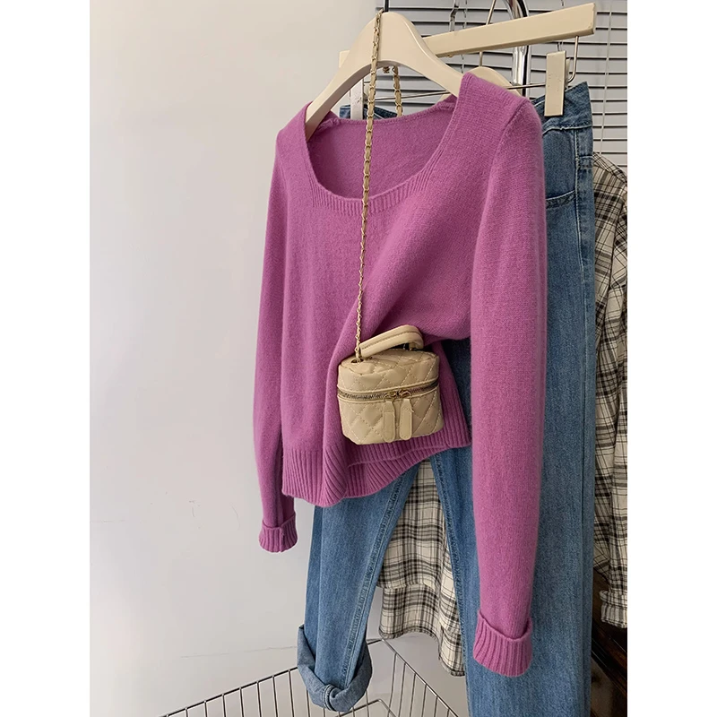 玫红色方领毛衣针织衫女秋冬季春秋装修身内搭打底衫高档洋气上衣