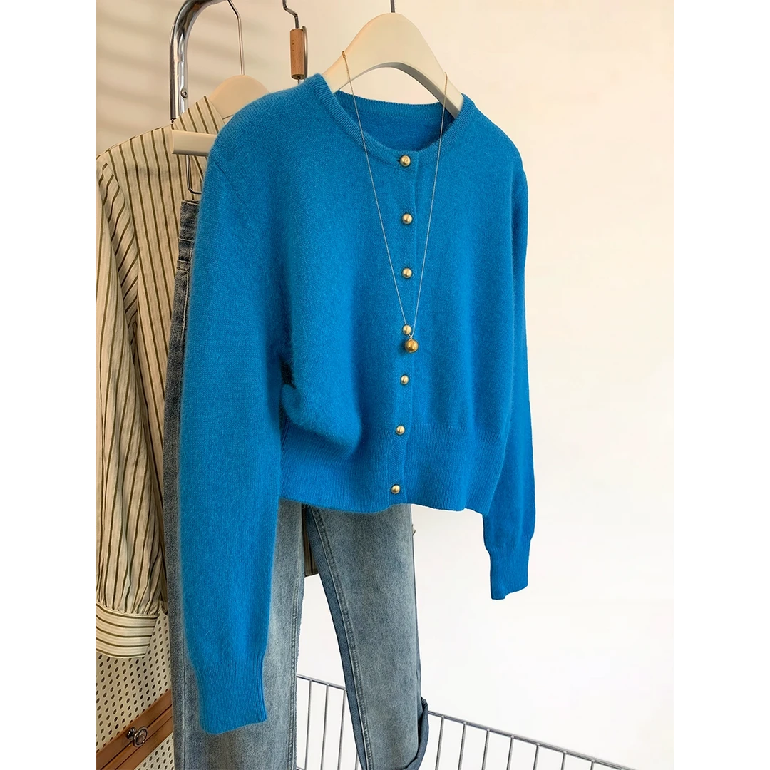 蓝色针织开衫女秋冬季2024年新款小个子软糯显瘦圆领毛衣外套上衣