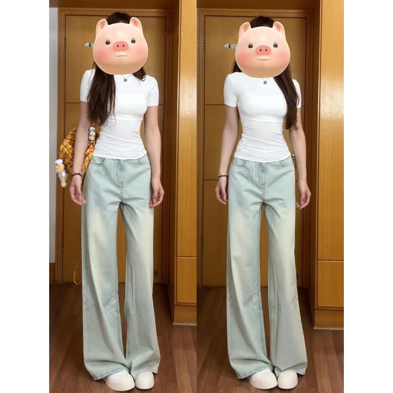 高个子浅色阔腿牛仔裤女2025春夏新款高腰显瘦宽松直筒拖地加长裤