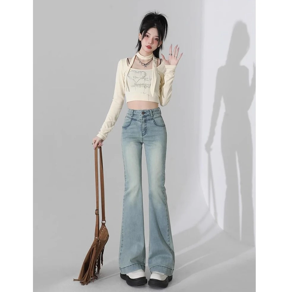 浅蓝色微喇叭牛仔裤女秋季新款高腰弹力显瘦高个子加长拖地马蹄裤