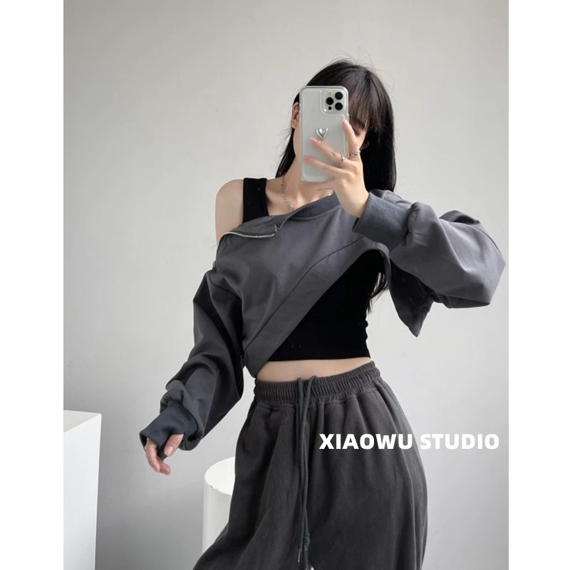 辣妹半截叠穿不规则短款长袖卫衣女早秋露斜肩罩衫跳舞爵士上衣秋
