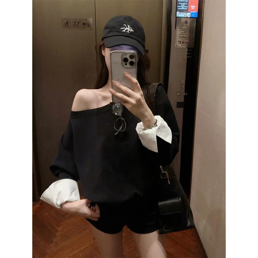 露思同款春季露肩小众高级小众设计感斜肩卫衣长袖百搭爆款上衣女