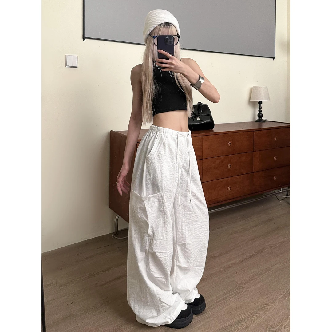 美式抽绳降落伞裤白色工装裤女夏季薄款宽松高腰显瘦阔腿爵士舞裤