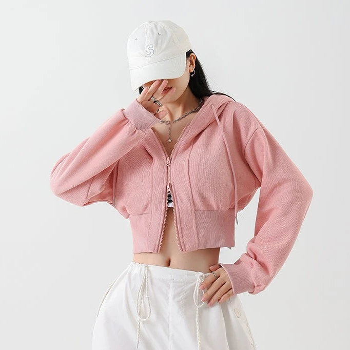 欧美风辣妹粉色短款双拉链连帽收腰卫衣女宽松运动休闲外套上衣秋