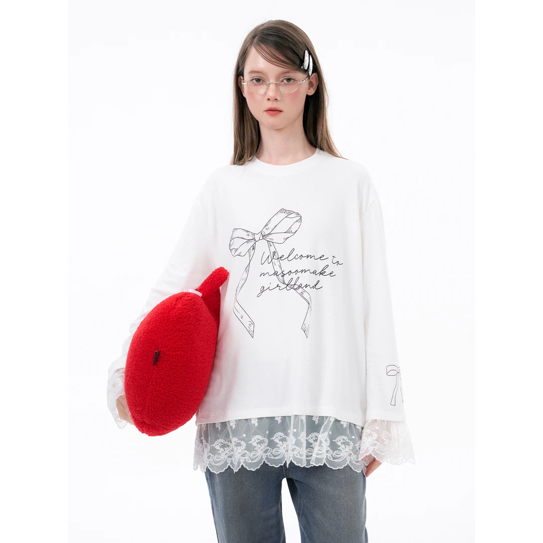 玛速主义冬季蝴蝶结花边白色打底衫2025新款长袖T恤宽松内搭上衣