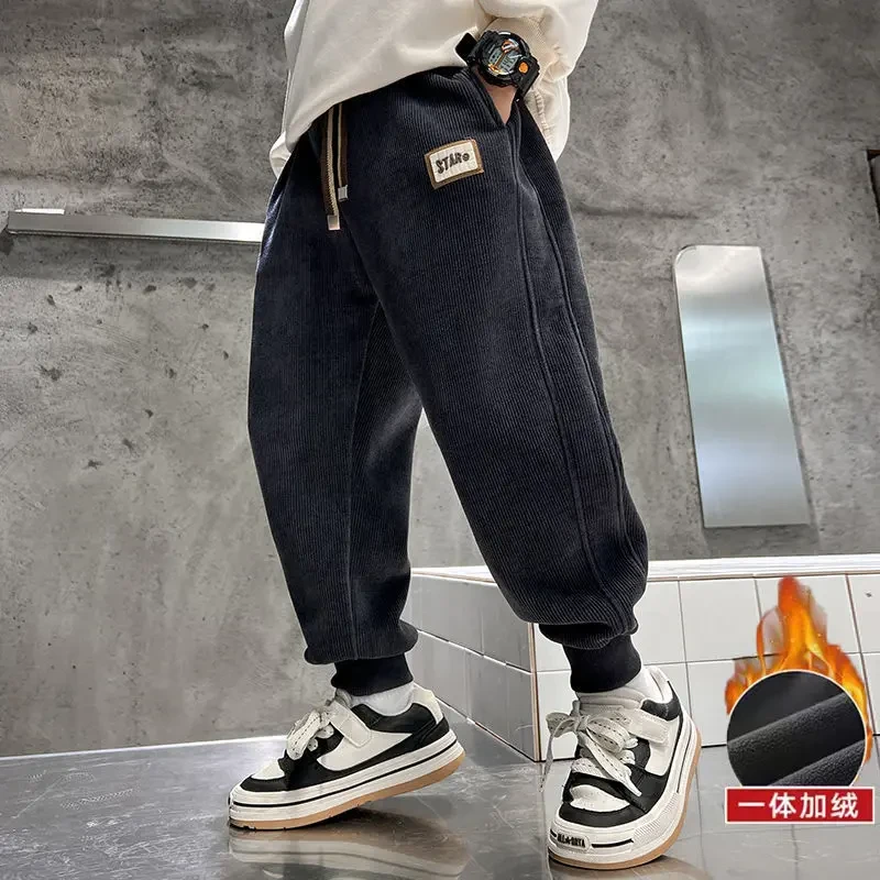 儿童装男童加绒裤子秋冬款2024新款男孩休闲运动长裤中大童保暖裤