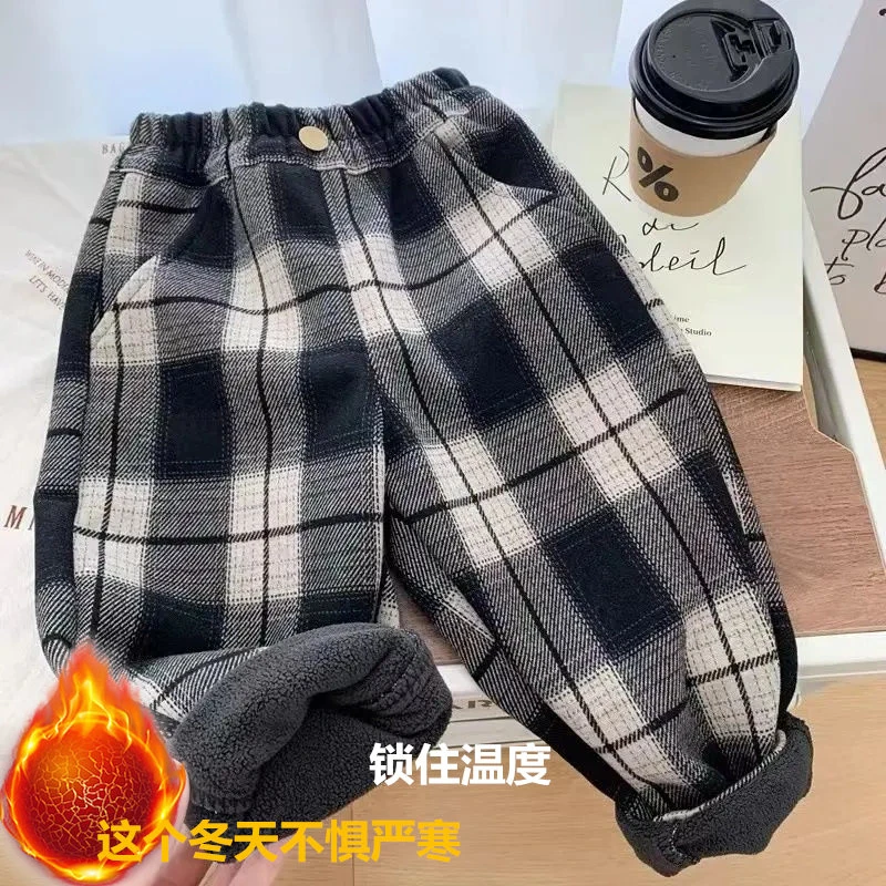 男童加绒裤子秋冬款204新款韩版洋气儿童装帅气休闲格子一体绒库