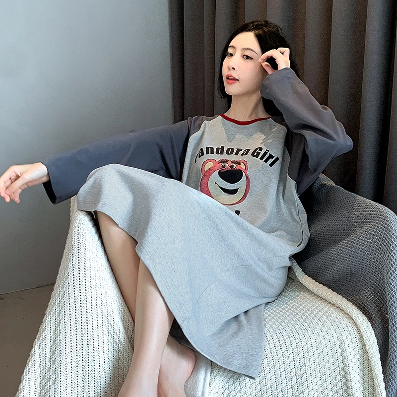 卡通可爱睡裙女长袖春秋季中长款家居服秋冬韩版大码宽松纯棉睡衣
