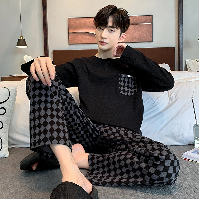 睡衣男士长袖纯棉春秋季格子家居服青少年大码2025流行新款睡衣