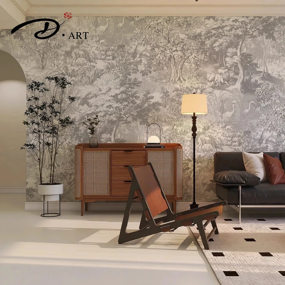 大罗墙纸复古壁纸法式丛林民宿餐厅玄关背景墙壁纸自粘家用
