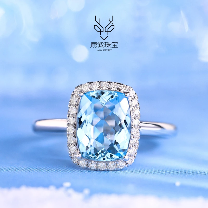 鹿叙珠宝冰泉之畔18K金镶海蓝宝钻石戒指爱心送礼 J-HLB0128