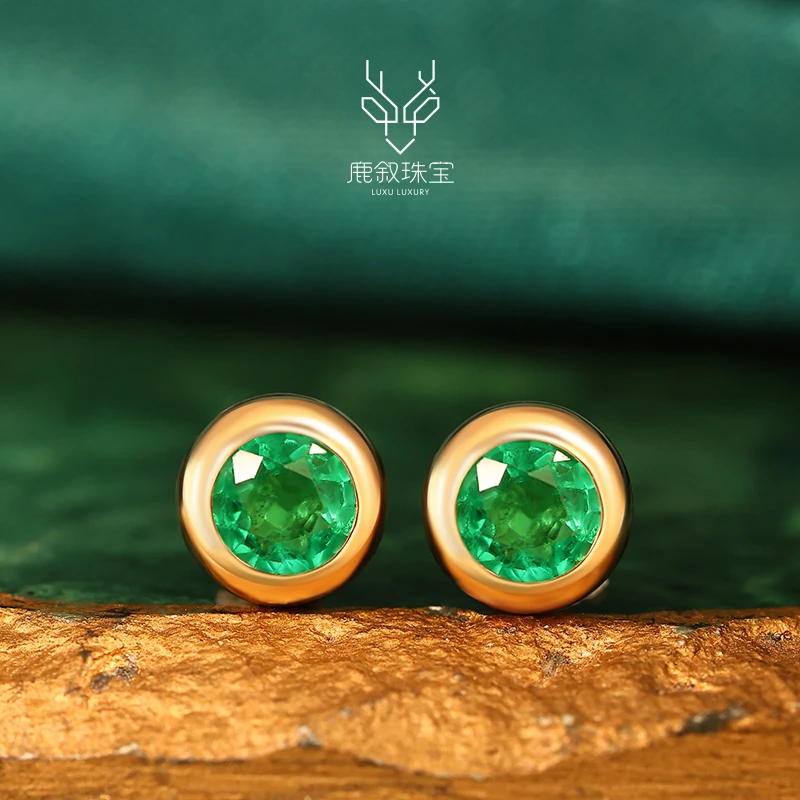 鹿叙珠宝松林秘境18K金镶祖母绿耳饰简约精致气质复古 E-ZML0044
