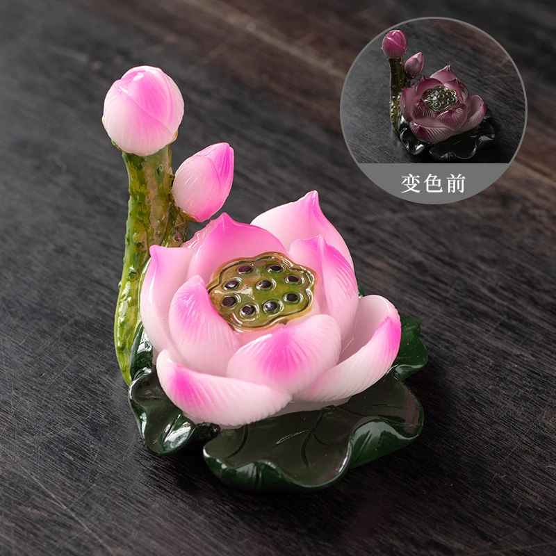 变色莲花茶宠摆件创意手工树脂荷花新中式茶玩个性装饰茶盘具配件