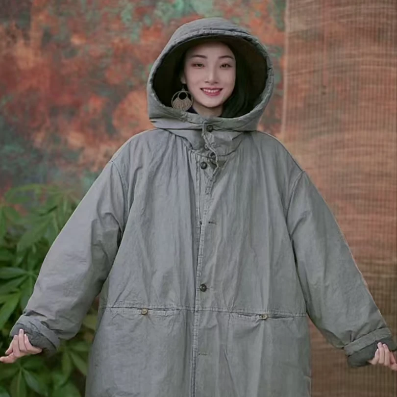 静一棉麻【一寻】#2410814 高密棉戴帽纯手工工艺斑驳感染色长棉衣