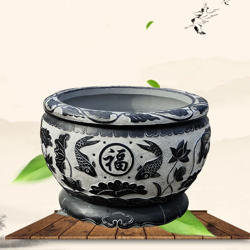 石雕荷花鱼缸花盆天然青石仿古门海中式庭院简约耐用水缸定制摆件