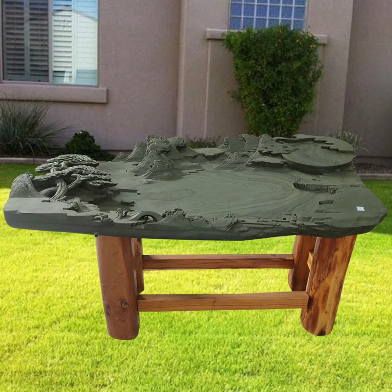 石雕石桌别墅花园庭院户外一套茶海桌天然整石公园室外龙茶海桌子