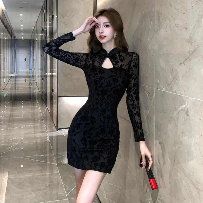 名媛御姐风改良旗袍高级感小个子高端气质修身包臀连衣裙秋冬新款