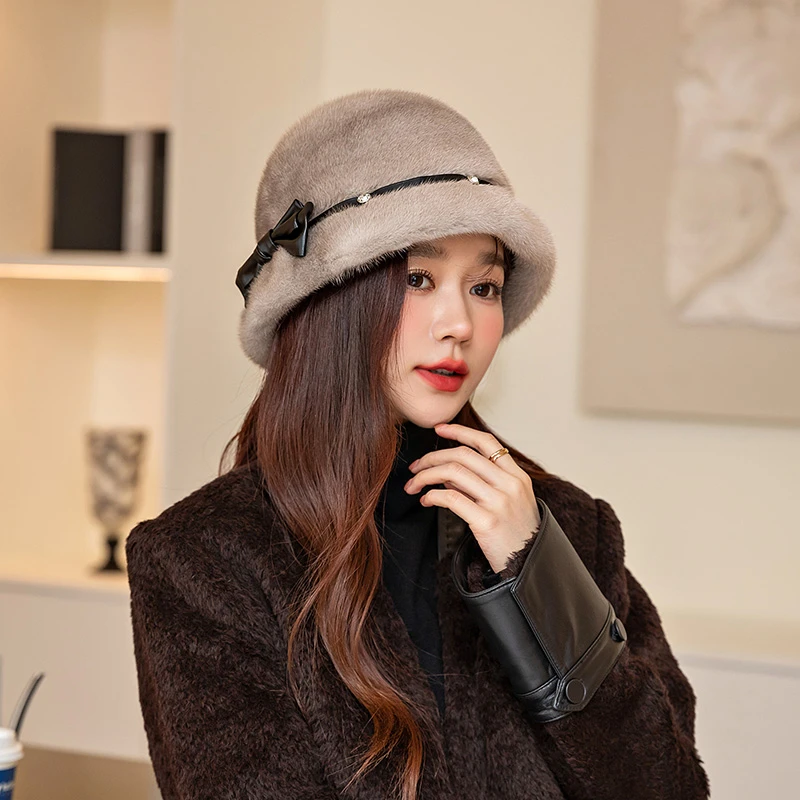 2025秋冬高档新款水貂毛真皮真毛时尚百搭复古气质优雅蝴蝶结礼帽