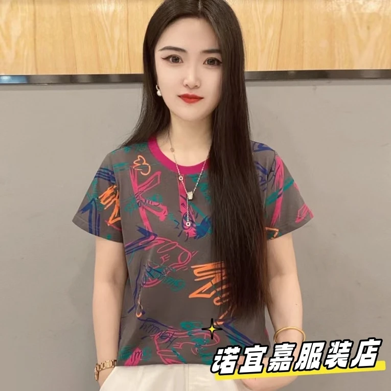 2024夏季新款短袖T恤 印花涂鸦线条卡通图案短袖 时尚休闲小衫