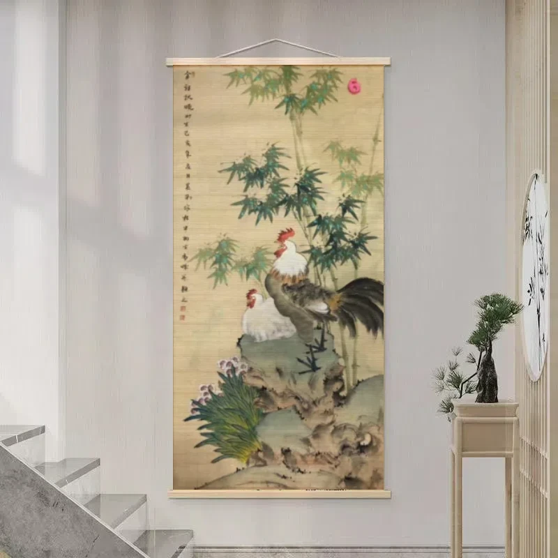 公鸡报晓竹编竹帘挂画茶室客厅玄关中式家居手工竹丝工艺画装饰画