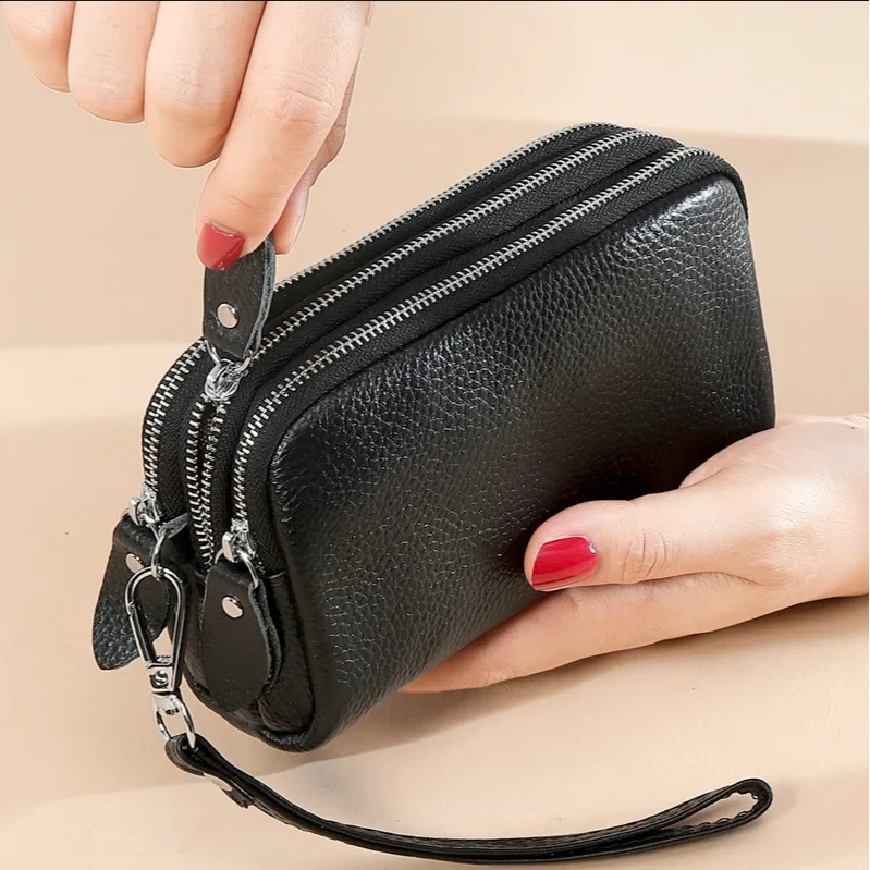 头层牛皮女士手机手拿包三层拉链大容量长款钱包真皮多功能零钱包