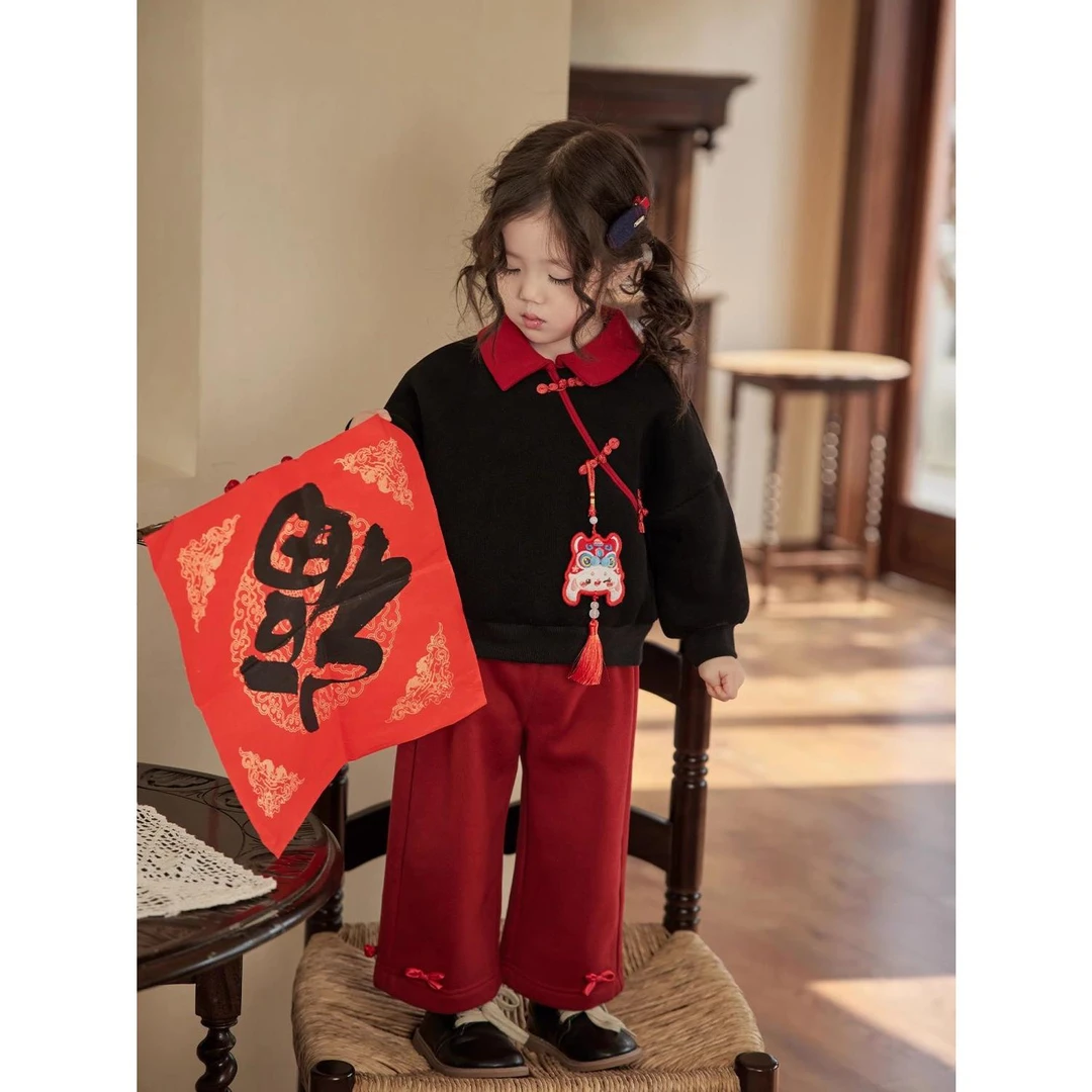 宝宝龙年拜年服新中式盘扣加绒卫衣洋气女童休闲直筒裤新年套装潮