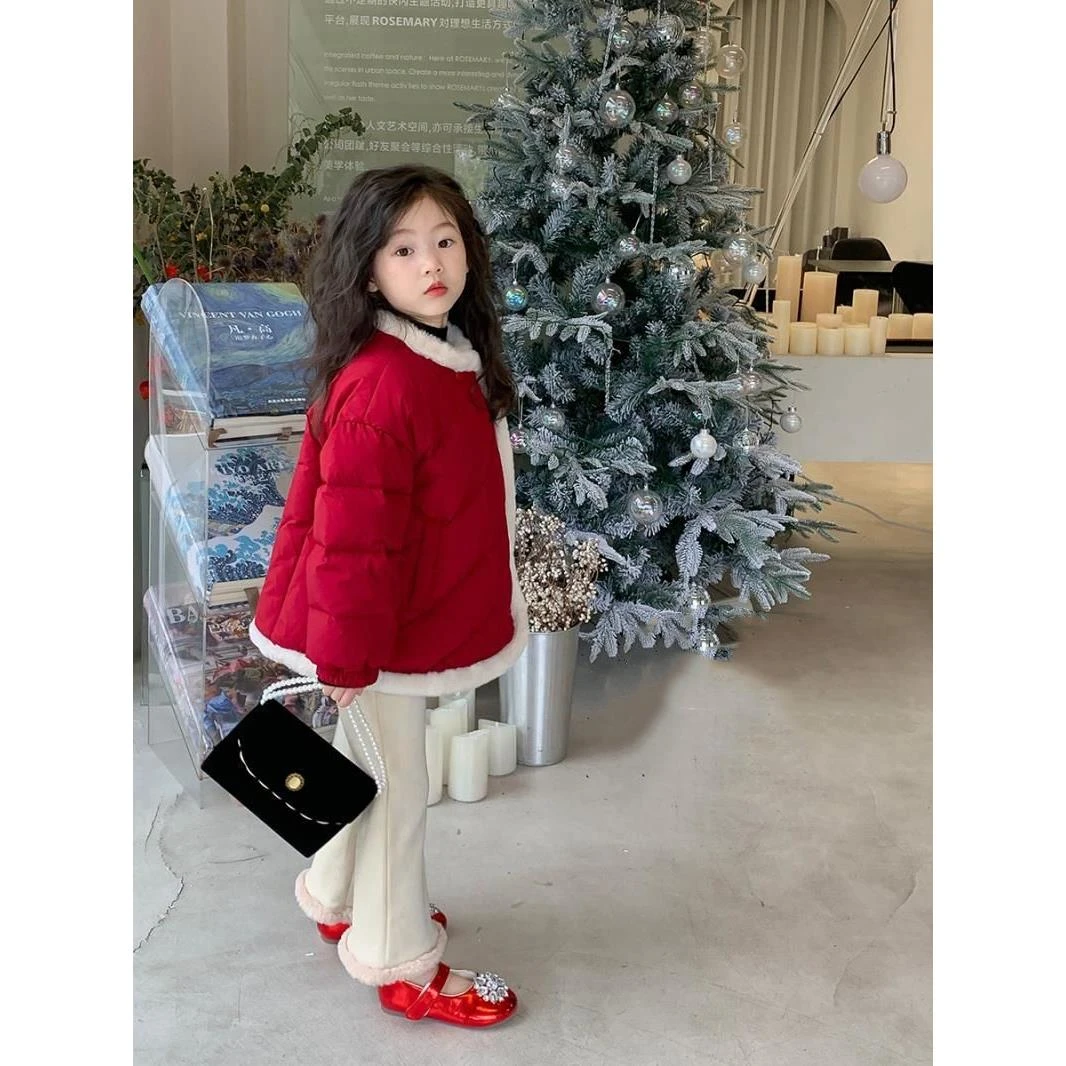 女童冬季加厚棉服儿童2023新款公主风洋气时髦外套红色韩版拜年服