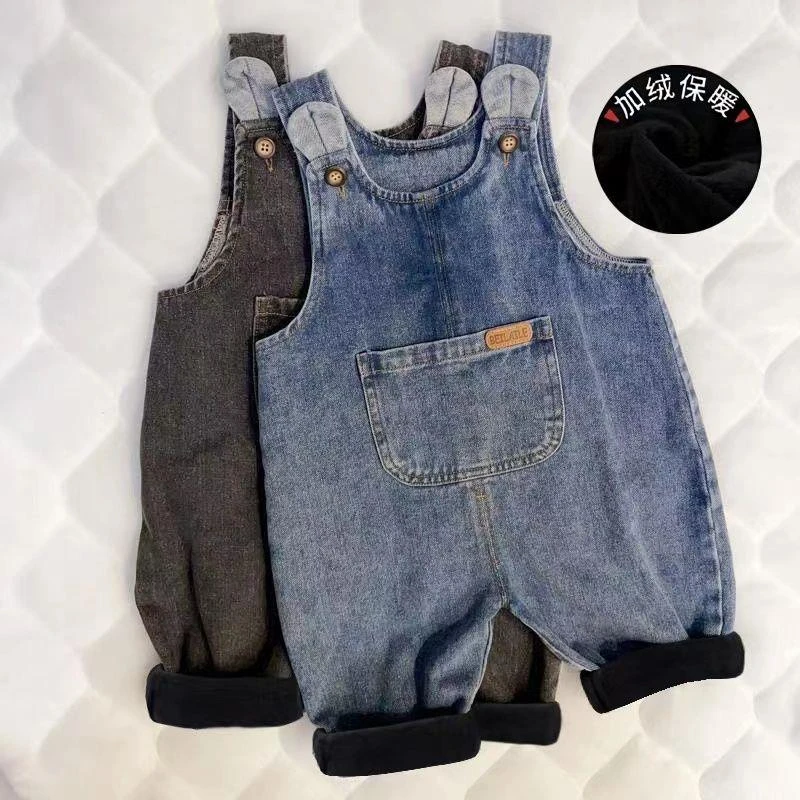 婴儿加绒加厚背带裤洋气宝宝冬季牛仔男女童保暖连体裤子小童裤潮