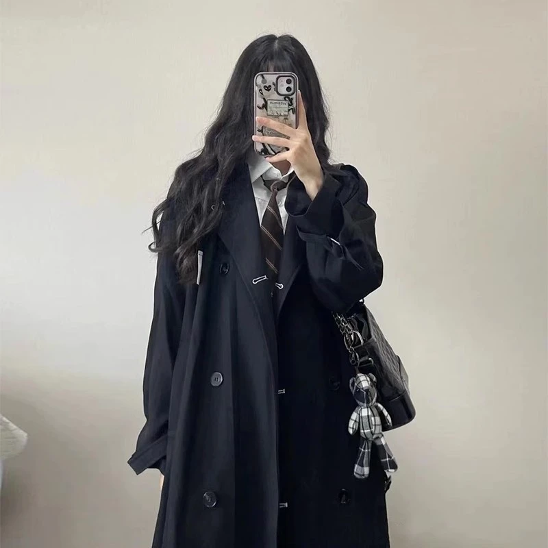 黑色风衣外套女春秋2023秋季新款中长款韩系英伦风小个子赫本大衣