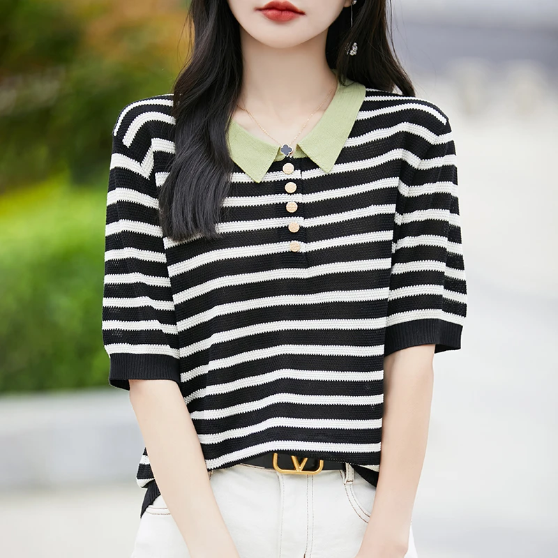 新款清凉透气娃娃领POLO领撞色条纹通勤百搭款短袖