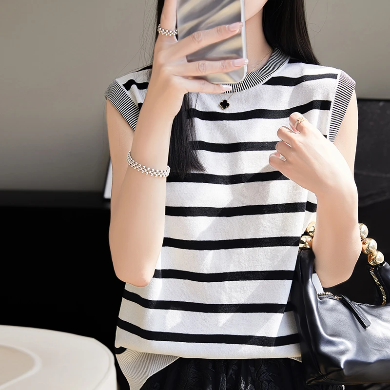 夏季薄款条纹针织无袖清凉透气通勤公务风