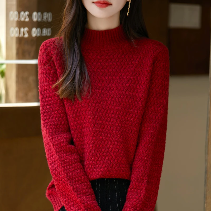 秋冬厚款气质丽领纯色宽松套头羊毛衫通勤百搭外穿柔软亲肤暖针织