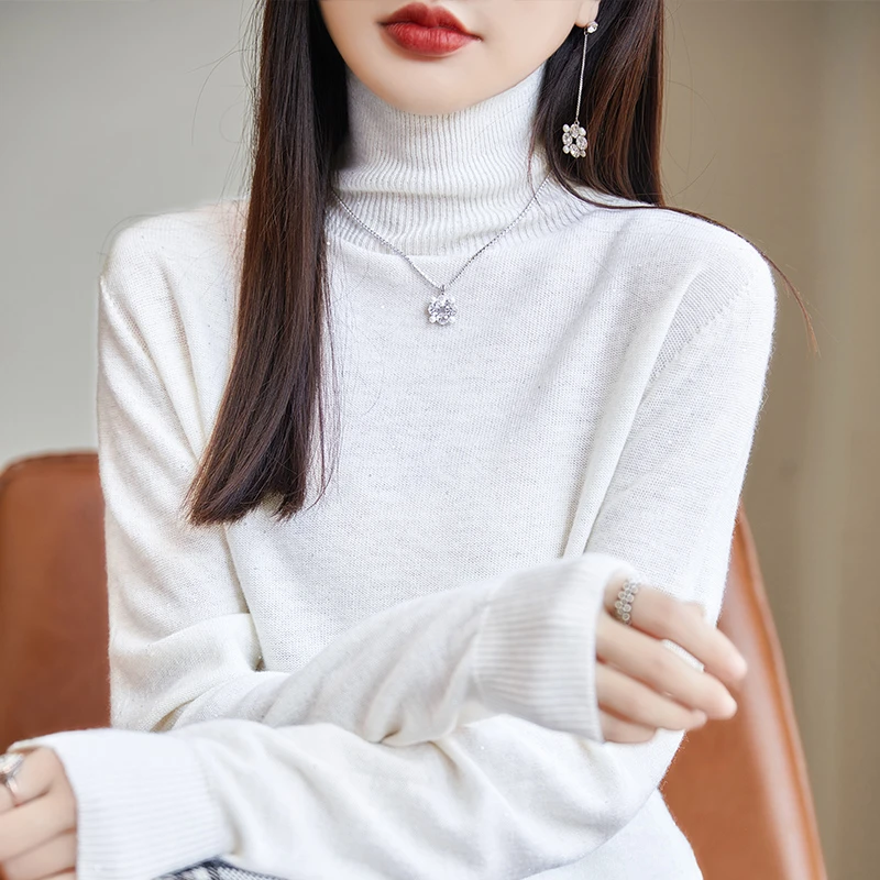 静奢风暖冬新款时尚进口女羊毛套头衫纯毛金丝珠光片一线宽松高领