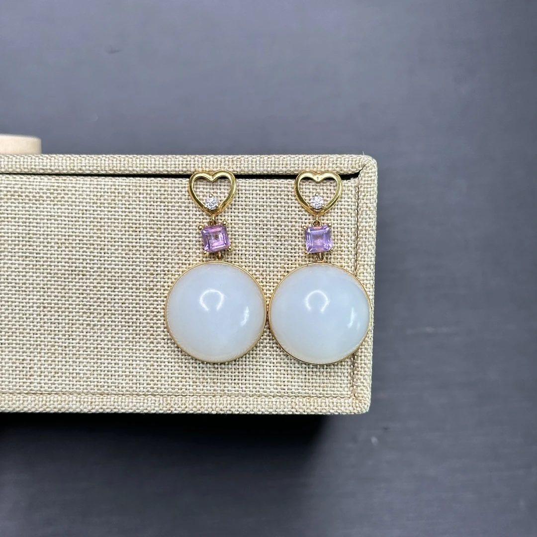 【玉珍缘】和田老料白玉16mm蛋面耳环18K金镶