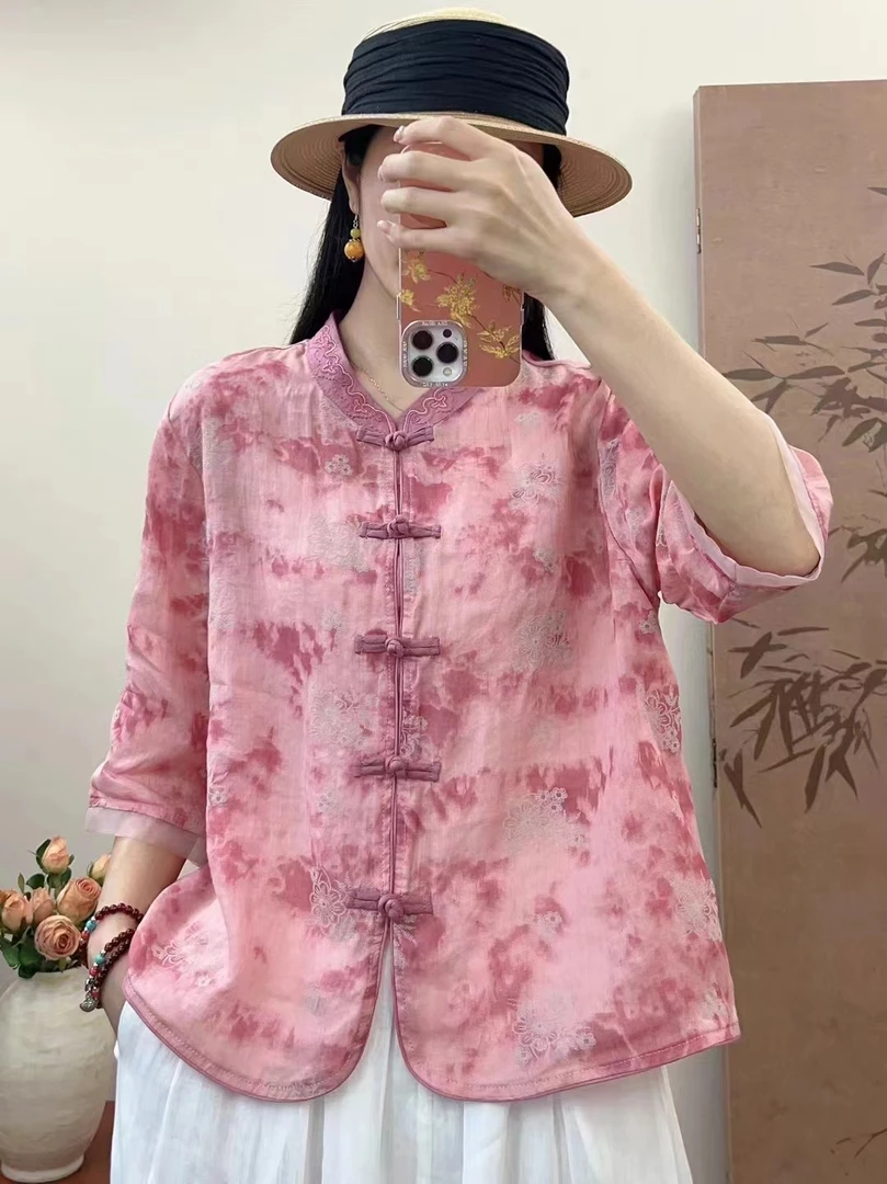 苎麻扎染浮雕花色开扣上衣