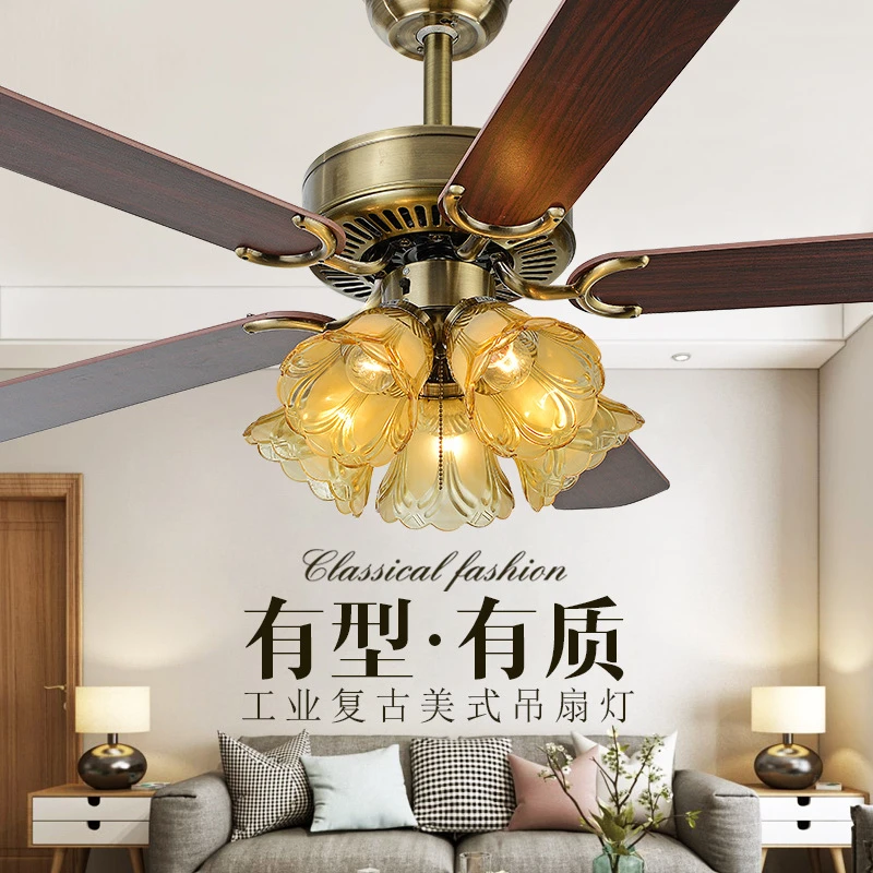 工业吊扇灯 欧式木叶卧室电扇灯复古客厅美式吊灯 铁叶餐厅风扇灯