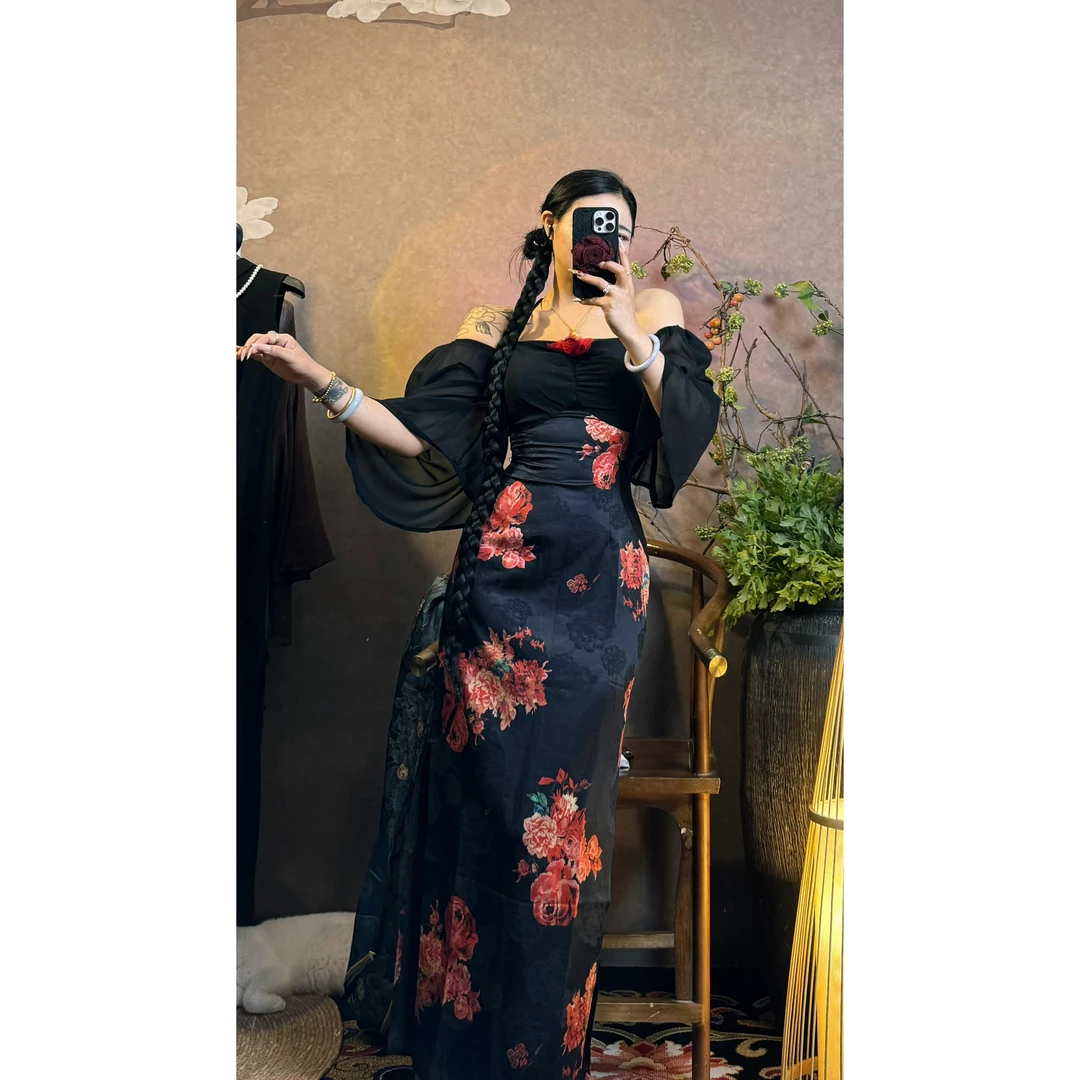 四月芳菲【织为红玫】夏季网红气质显瘦小众长袖时尚中长款旗袍