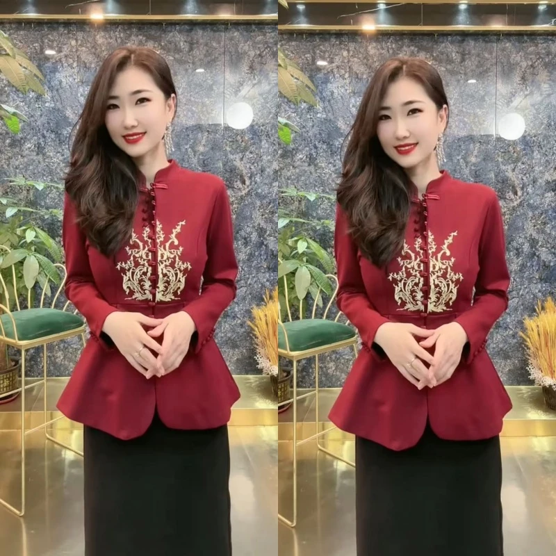 国潮高档修身显瘦百搭气质网红时尚中式盘扣衫时尚高端大气刺绣衫