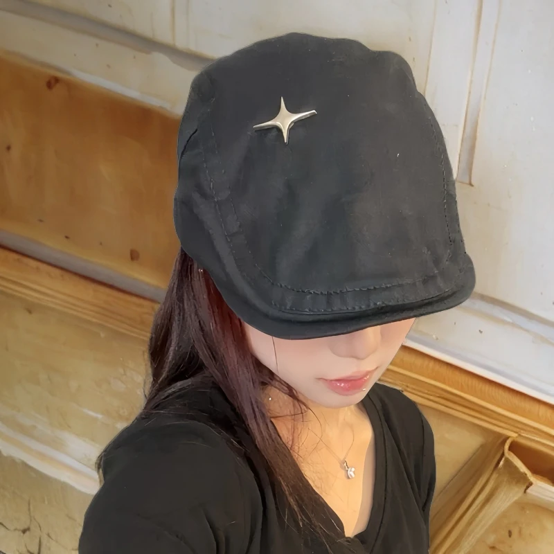 四芒星前进帽薄款透气黑色贝雷帽女四季韩版潮酷百搭ins蓓蕾帽子