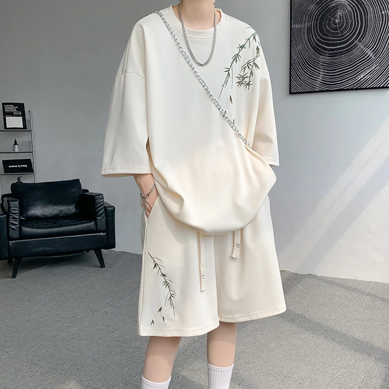 新中式国风刺绣运动套装男士夏季潮牌宽松短袖短裤一套搭配两件套