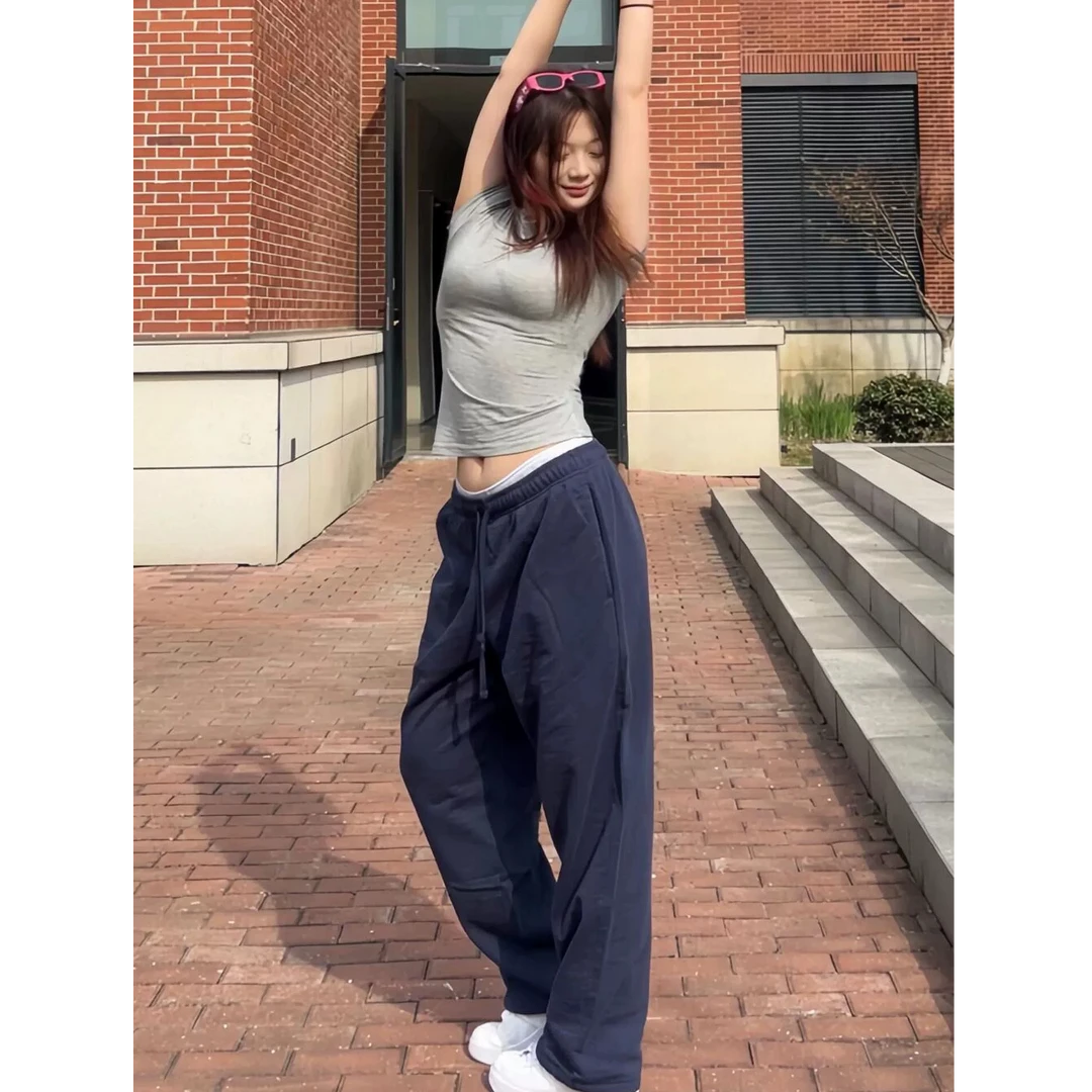 美式复古hiphop休闲裤女秋季宽松垂感阔腿运动裤显瘦舞裤直筒卫裤