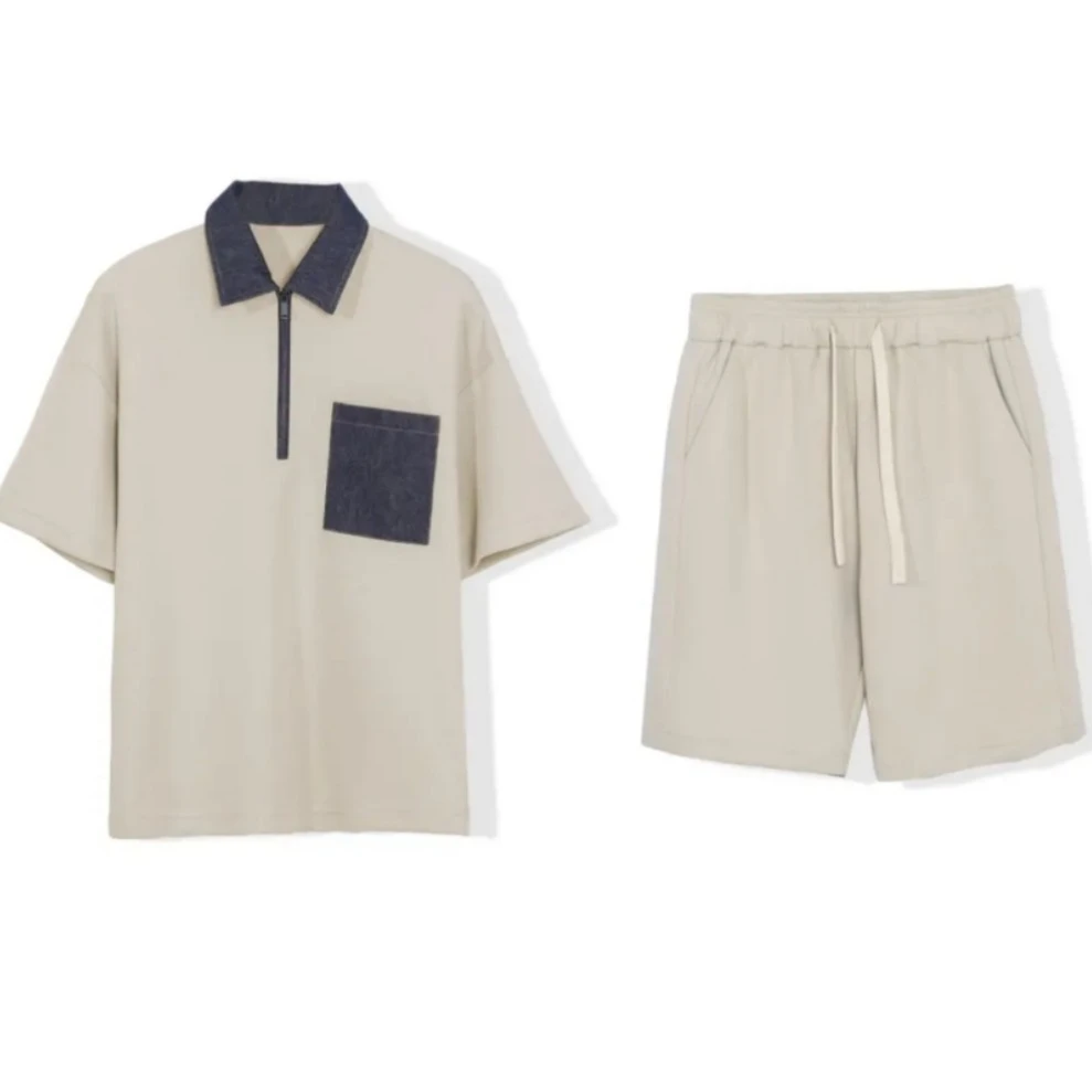 【撞色风格】夏季套装POLO衫 韩版宽松短裤牛仔拼接短袖套装 D319