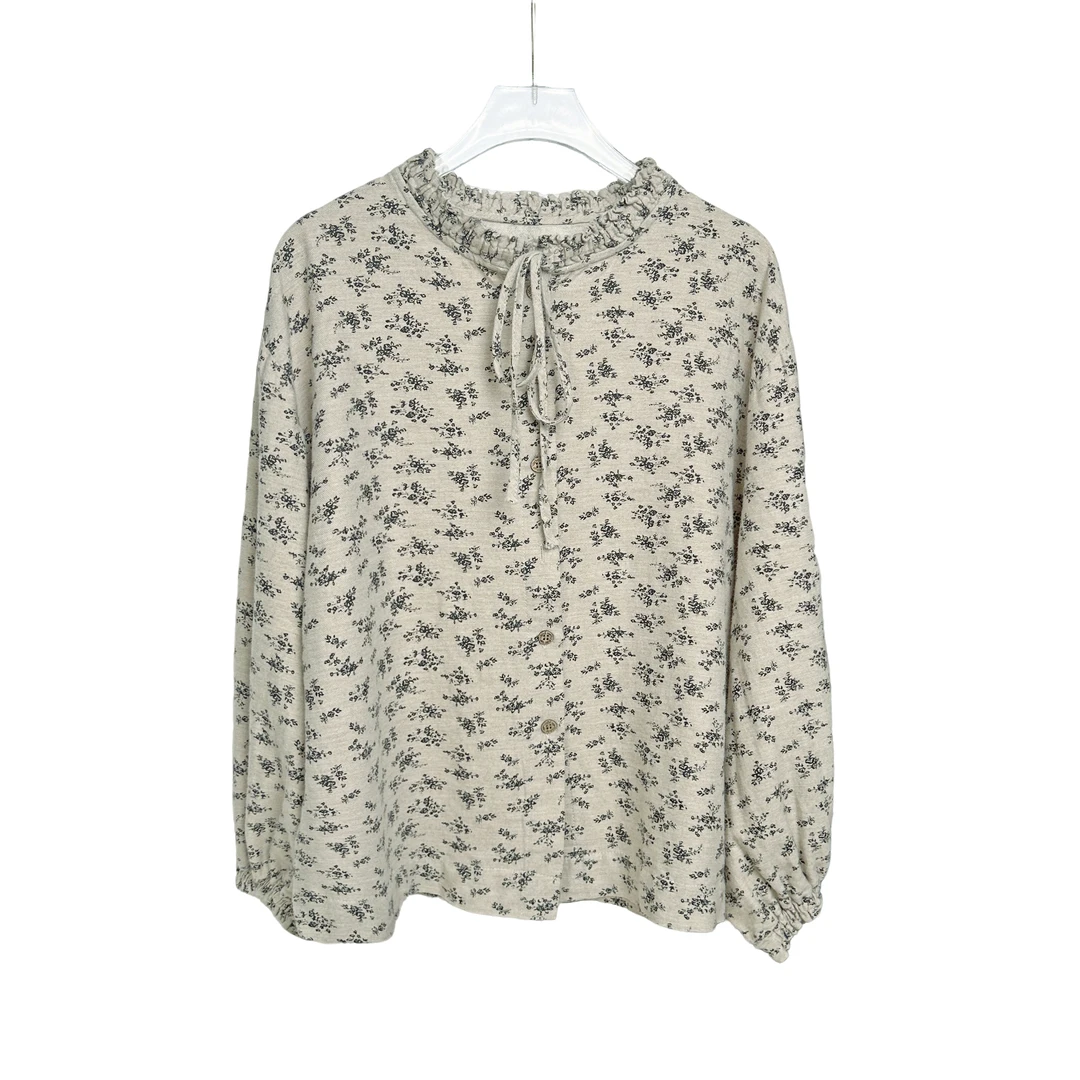 [碎花系]复古春秋季文艺碎花木耳领系带长袖印花小衫