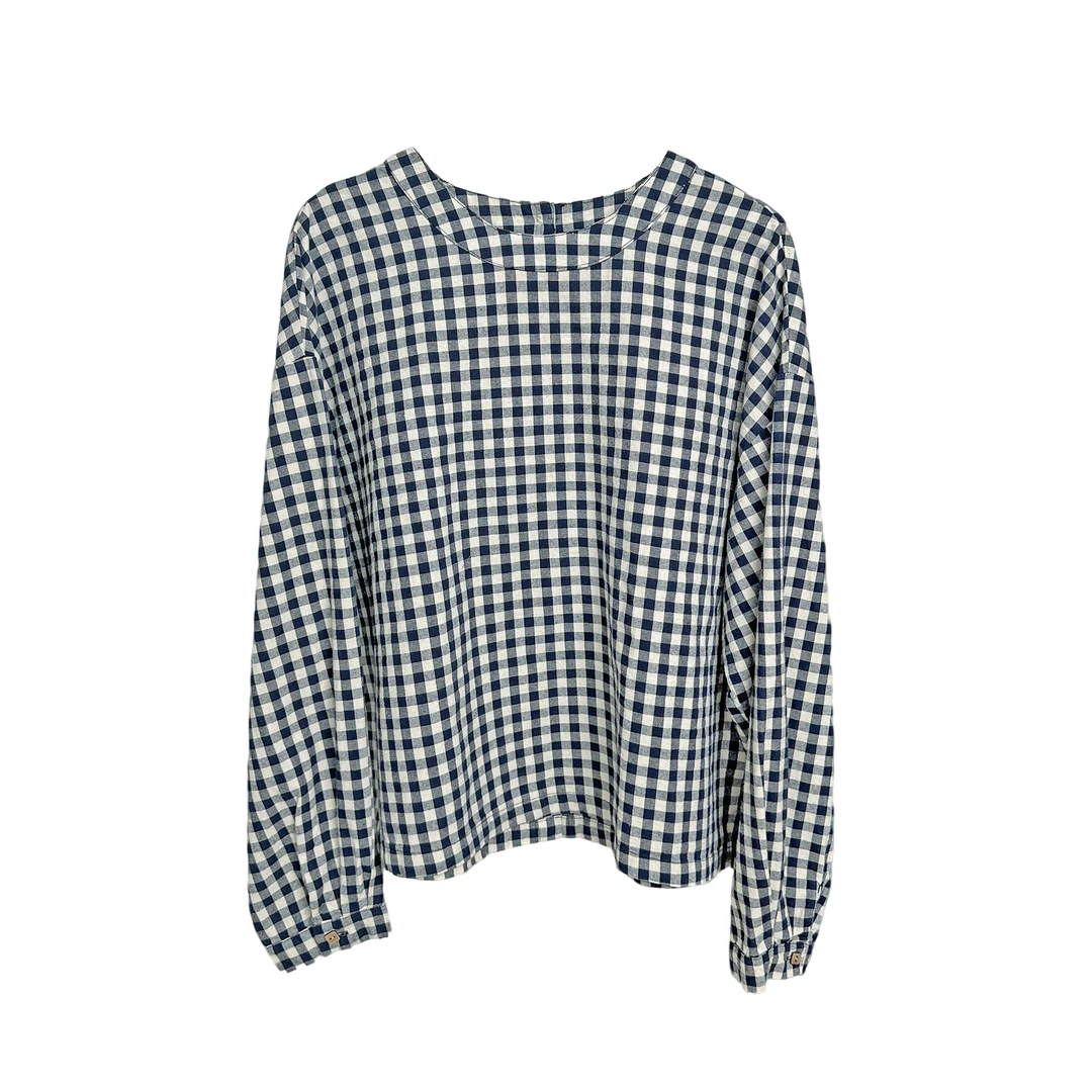 [方糖]秋季文艺风格子小衫长袖圆领宽松显瘦棋盘格后背单排扣衬衫