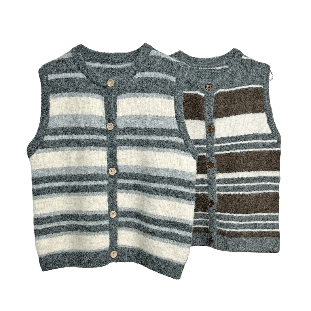 [西西里]秋冬季撞色提花条纹无袖开衫针织马甲女