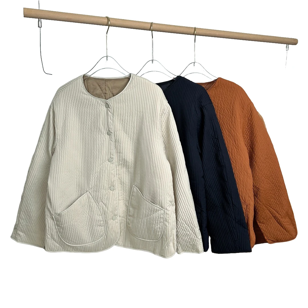 [姜茶]秋冬季绗棉肌理感轻薄圆领长袖宽松纯色棉服