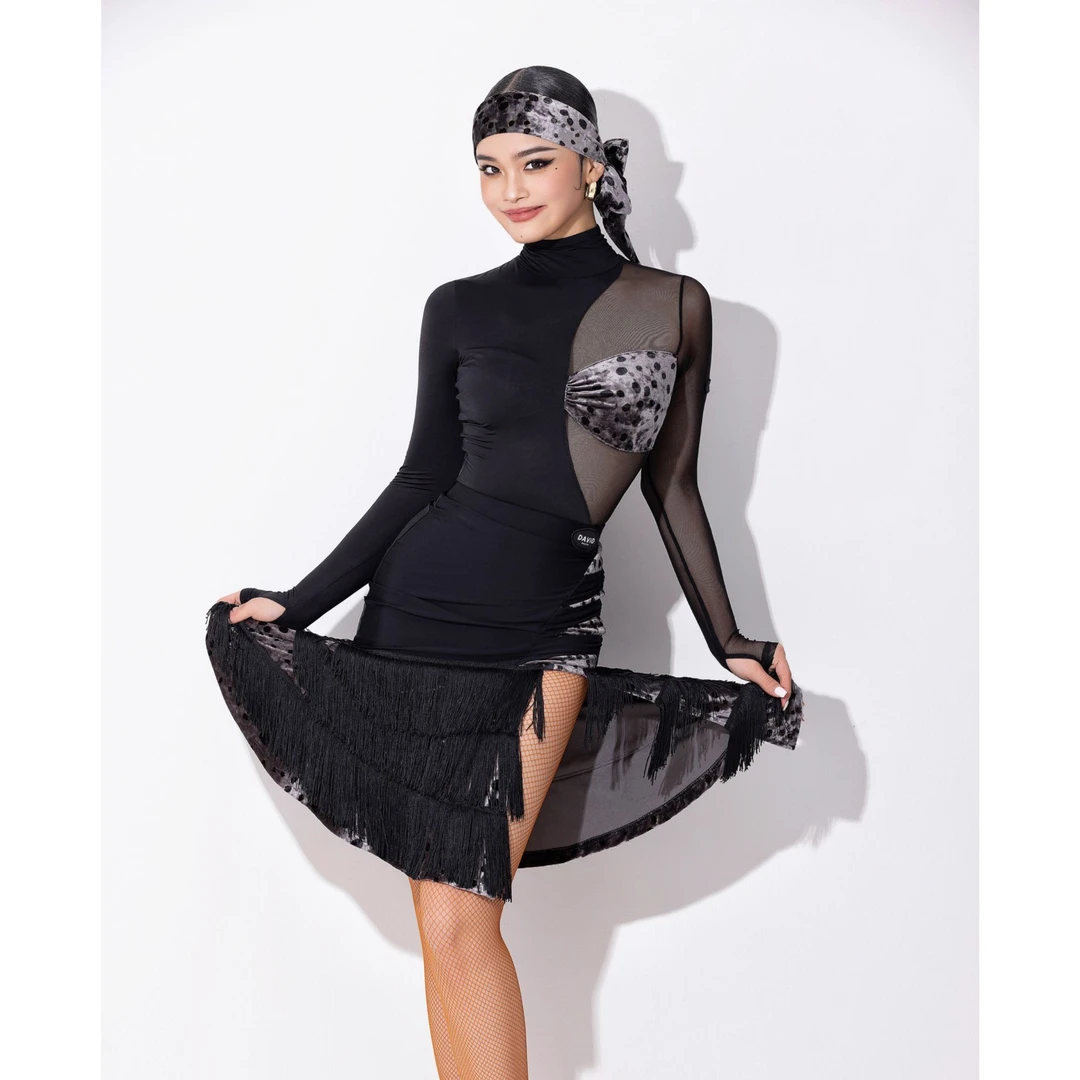DAVID半身裙女士拉丁舞练习服灰色豹纹丝绒拼接流苏大裙摆DW127