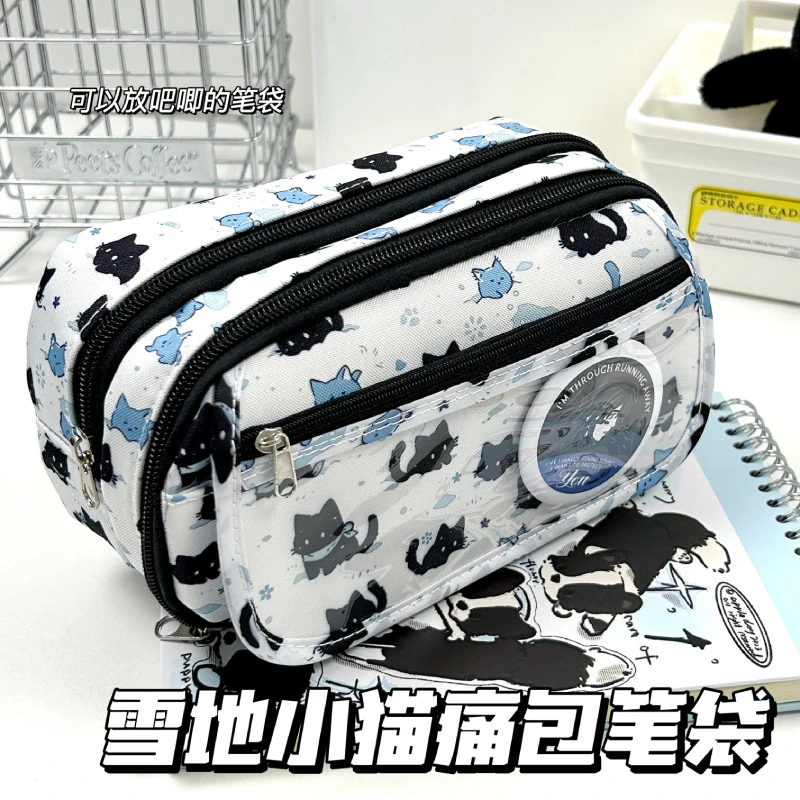 新款雪地小猫痛包笔袋ins学生高颜值大容量视窗文具收纳袋铅笔袋